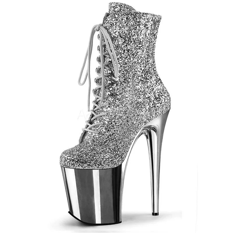 Electroplated Gold Queen Pole Dance Shoes Banquet Thin Heel Exotic Dancer Boots Round Head Lace up 20cm High Heel Short Boots