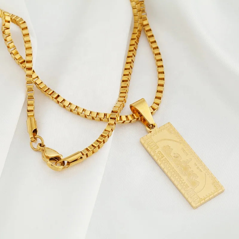 2021 Fashion Street Style Stainless Steel Jewelry Dollar Pendant 18K Gold One Million US Dollar Bill Pendant Box Chain Necklace