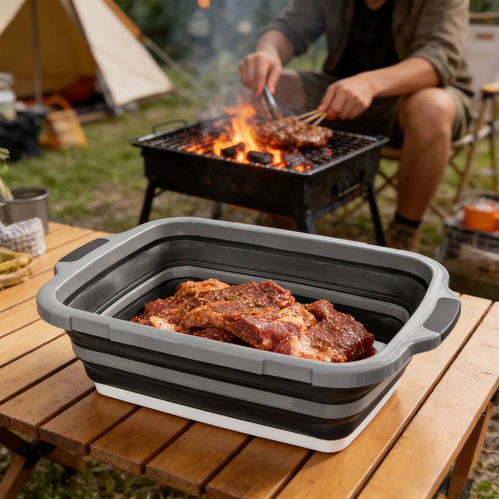 2026 New Buckle Model 16L BBQ Prep Tub | Collapsible Meat Marinating Station | 3-in-1 Cutting Board & Food Storage Basket