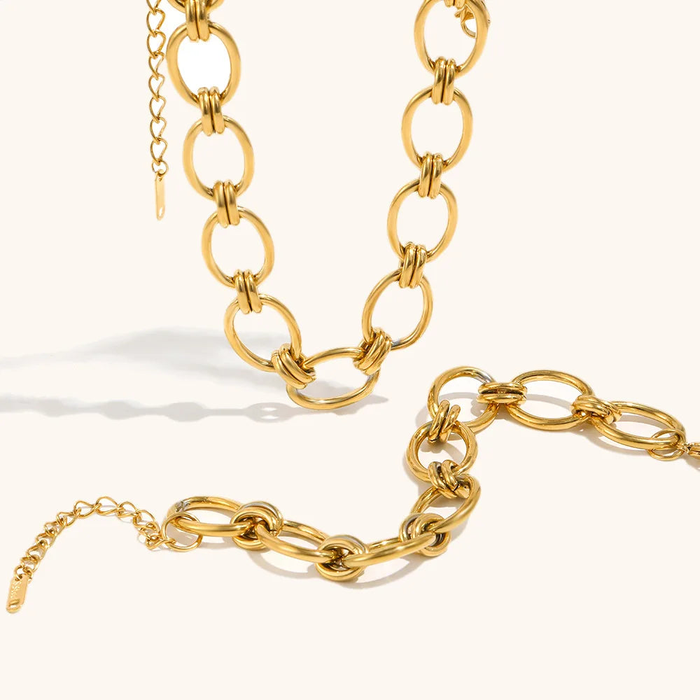 Maiou Vintage Chunky Fold Wear Stainless Steel 18K Gold Plated Link Chain Necklace and Bracelet Sets for Women Jewelry