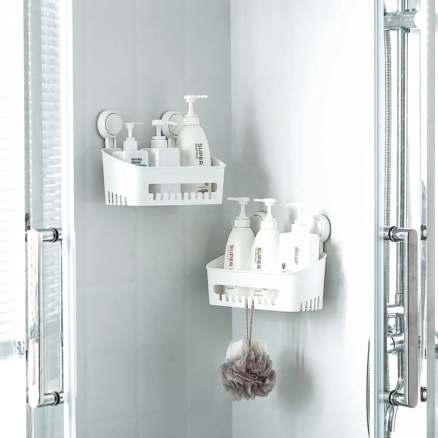 Multifunctional No Drill Bathroom Organizer Square Wall Mounted Vacuum Suction Cup Basket Hanging Storage Shelf for Shower Caddy