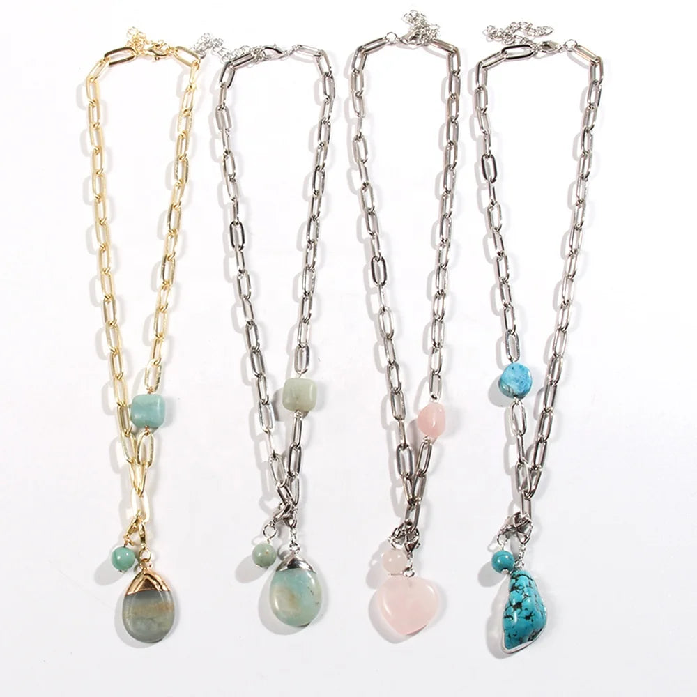 New Fashion Beautiful Women Jewelry Paperclip Chain Necklace Natural Stone Adjustable Charm Choker Necklace for Women Gift