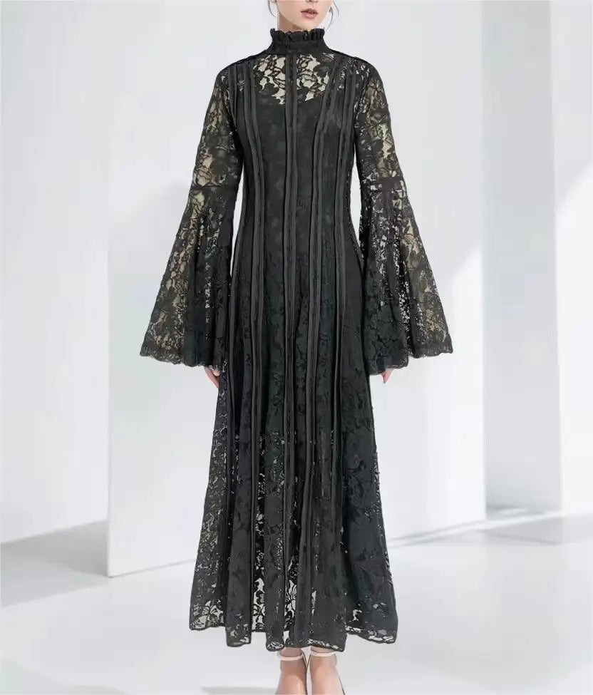 2024 Spring New Style Bell Sleeve Long Sleeve Heavy Industry Bundle Collage Super Fairy Lace Long Dress