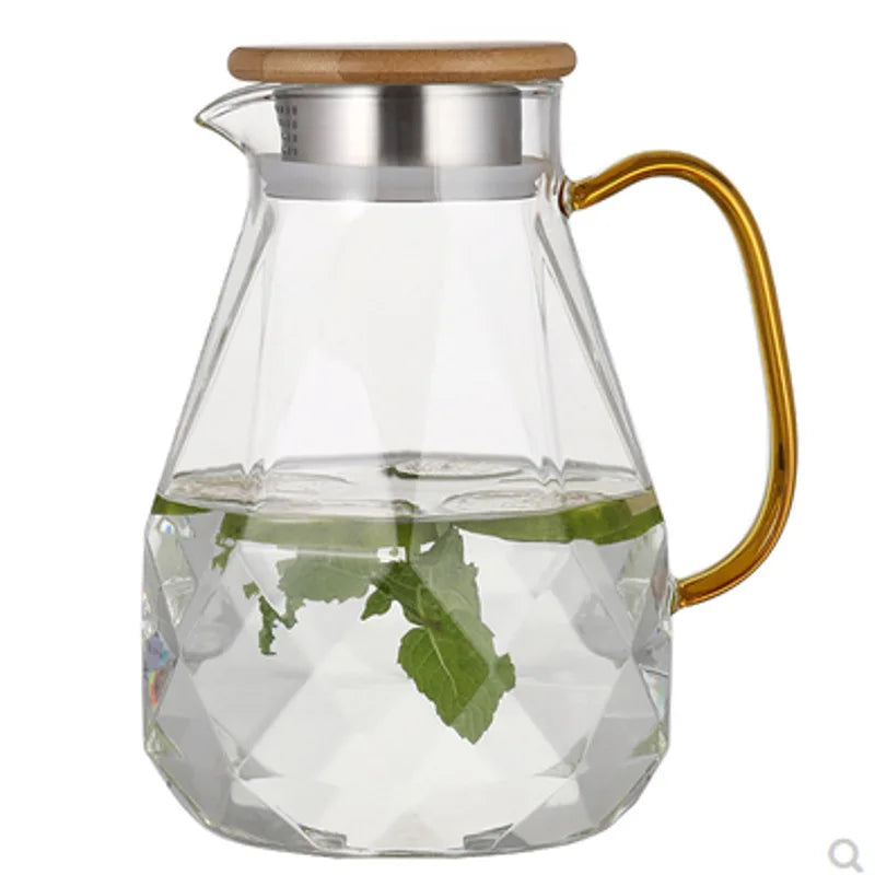 Glass Water Pitcher Bamboo Lid Heat Resistant Borosilicate 1500ML Capacity American Style Eco-Friendly Fashionable Hot Tea