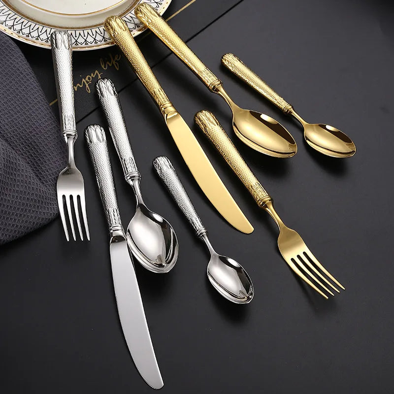 Retro Embossed Hollow Thick Handle 304 Stainless Steel Cutlery Set Mirror Fork Knife Spoon Silverware Restaurant Cutlery Set