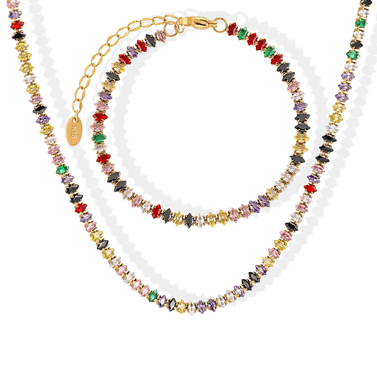 Luxury 18K Gold Plated Women's Jewelry Designer Full Zircon Stainless Steel Tennis Bracelet Necklace Beads Colorful Fashion