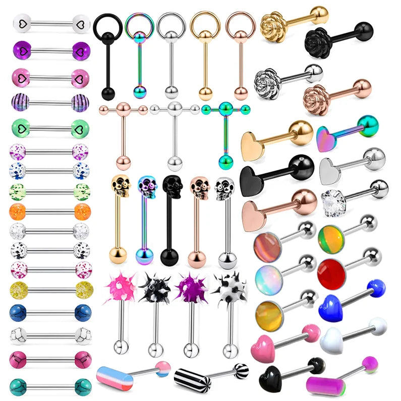 Mix Acrylic Pill Tongue Ring Stainless Steel Straight Tongue Barbell Piercing Jewelry Skull Flower Heart Body Stud Body Jewelry