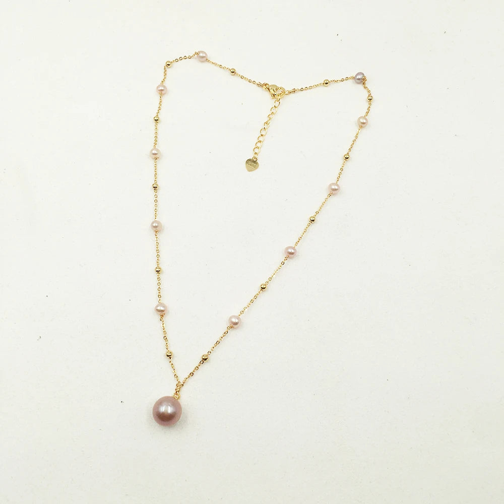 18 Inch Choker Necklace Nature Freshwater PEARL NECKLACE PEARL PENDANT9-10 mm Natural Purple Pearl Brass Chain Gold Plated