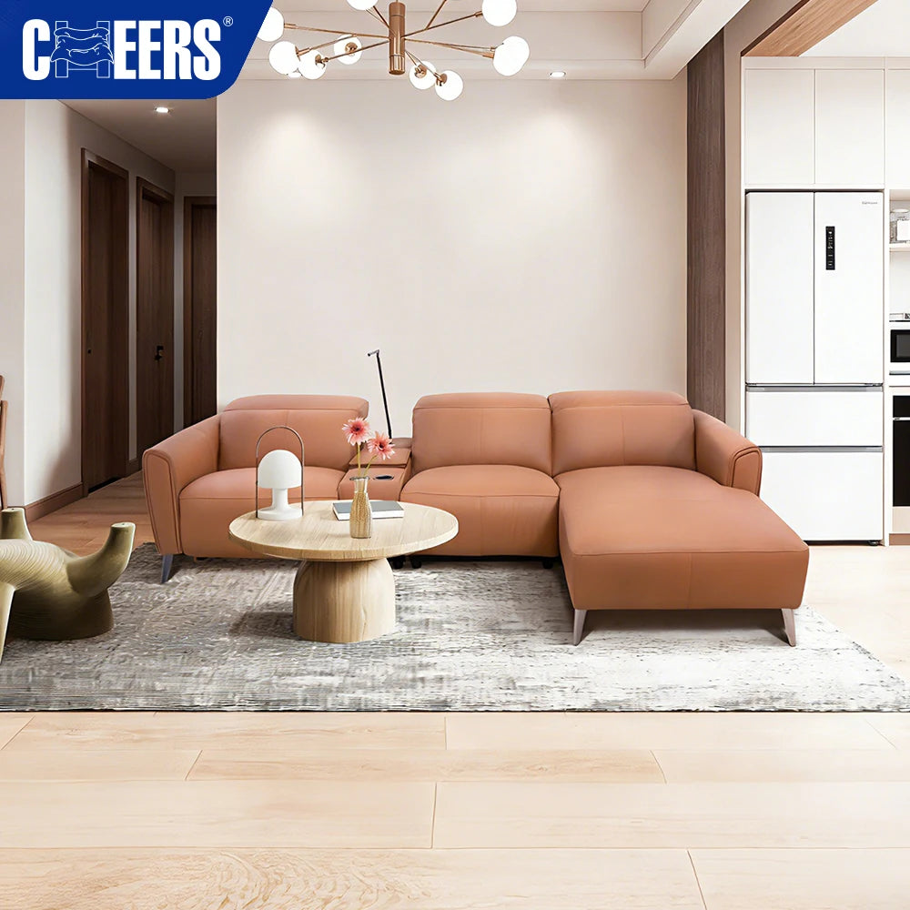 MANWAH CHEERS Modern Genuine Leather Power Headrest Recliner Sectional Sofa Wireless Charging Storage Box for Villa Warehouse