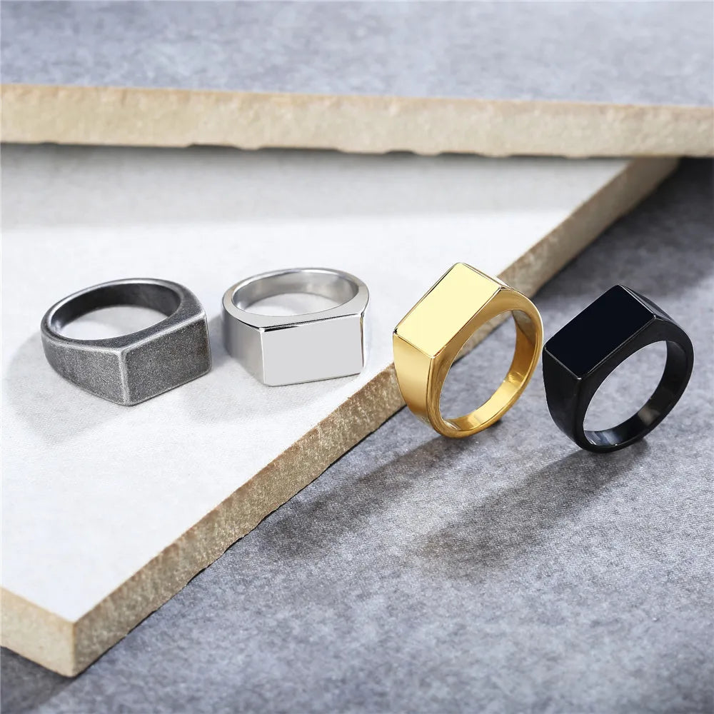 Ins Popular Stainless Steel High Polished Rectangle Shaped Rings Custom Logo Engraved Geometric Blank Signet Ring for Men