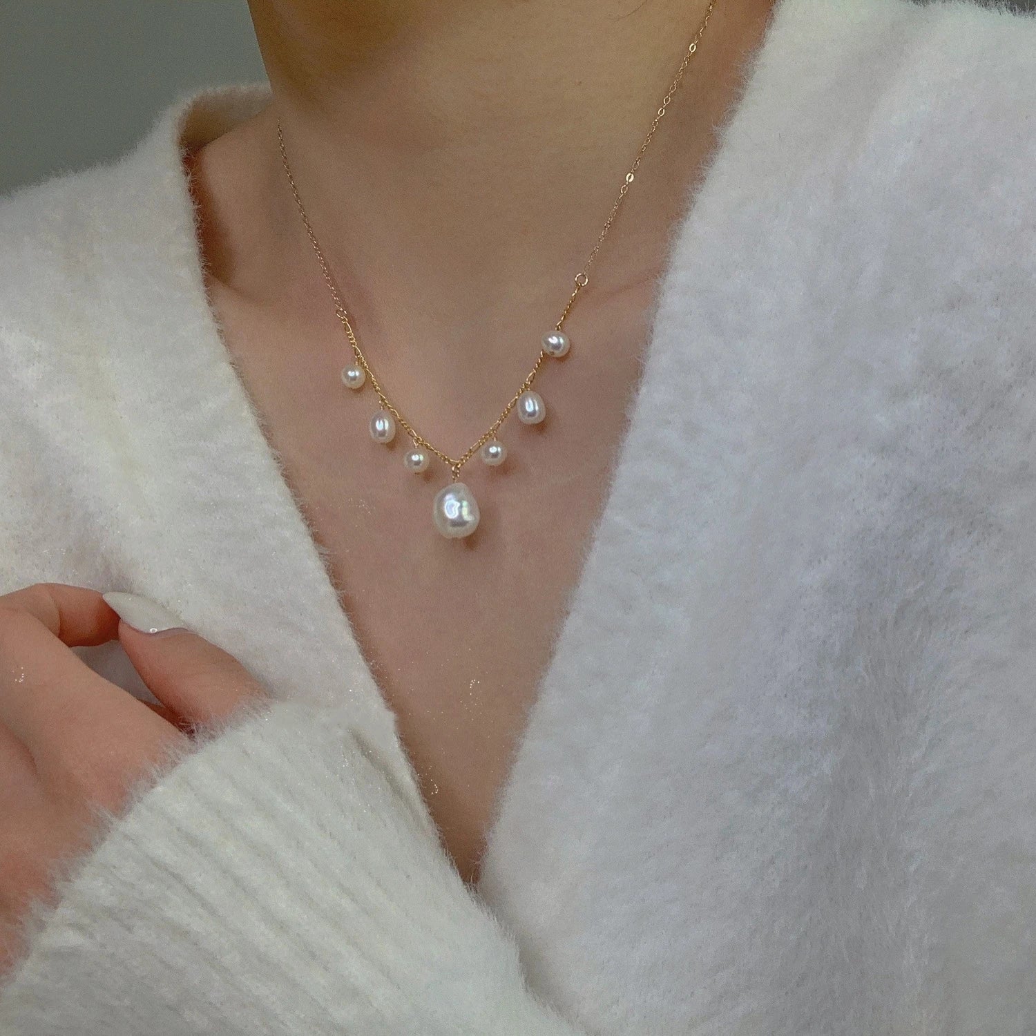 Korean Jewelry 14k Gold Filled Figaro Chain White Pearl Pendant Natural Baroque Freshwater Pearl Necklace