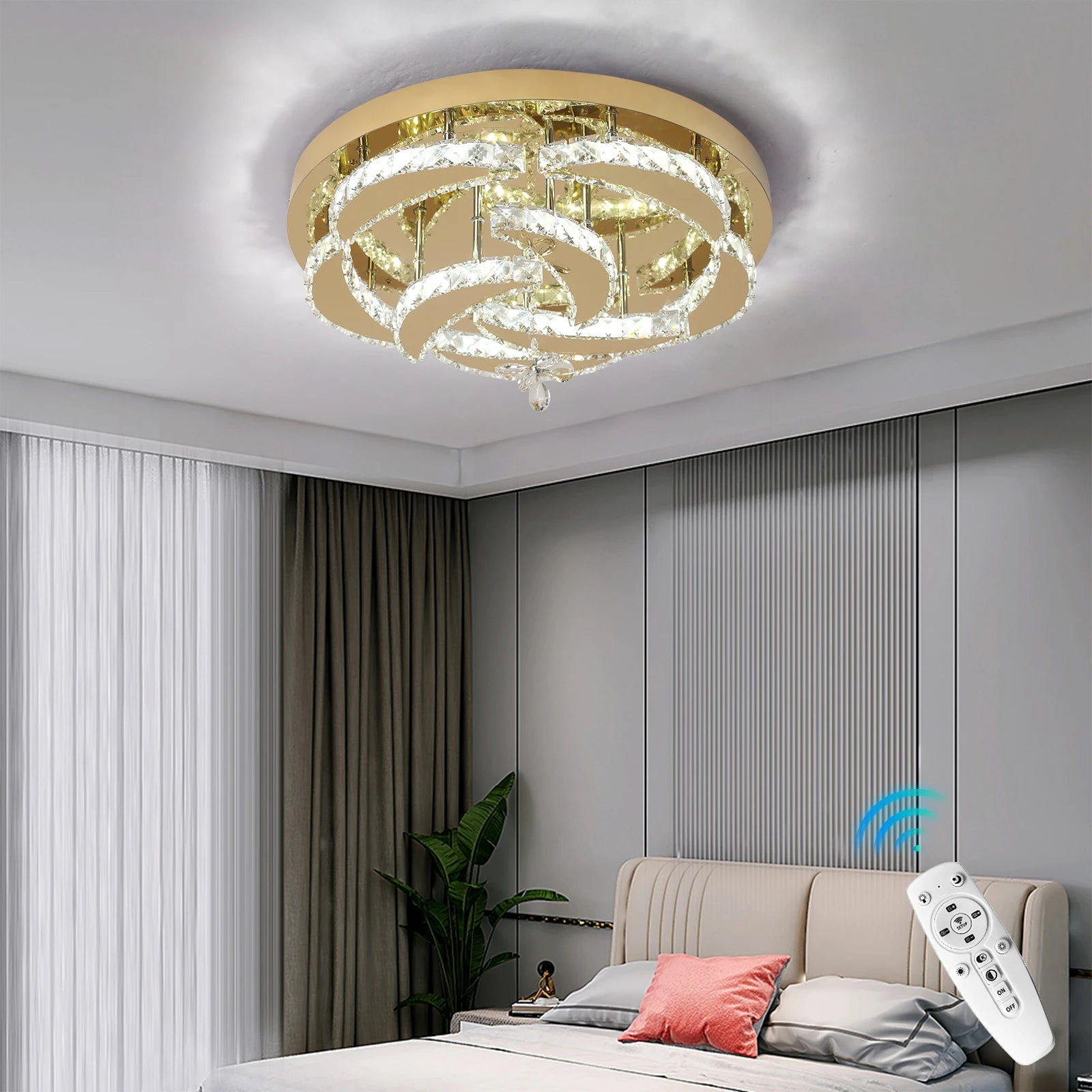 Home 56W Crystal Lustr Kitchen Led Ceiling Light Fixture With Remote Control