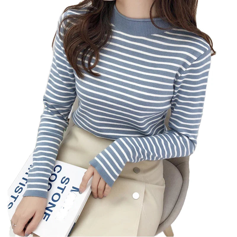 Women's 2024 Early Autumn Knitwear Sweaters for Girls New Korean Style Striped Long Sleeve Knitted Bottoming Crop Tops Sweater