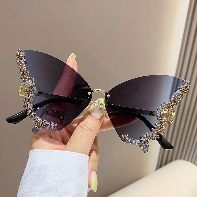 Luxury Rimless Diamond Butterfly Sunglasses Purple and Blue Eyewear with Sun Shade Rhinestone Lunette De Soleil
