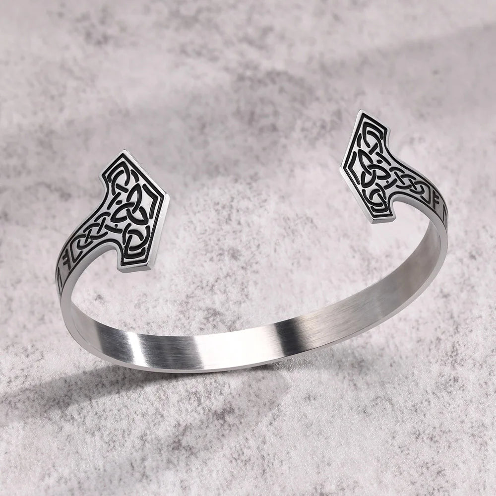 Stainless Steel Celtic Knot Rune Engraved Men Retro Nordic Viking Open Cuff Bracelet