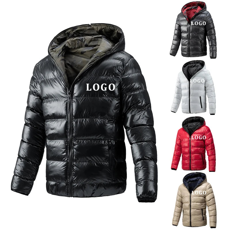 Men's New Winter Jacket Fashion Slim Thick Puffer Double Sided Cotton Padded Coat Custom Logo Hooded Collar Pocket Canvas