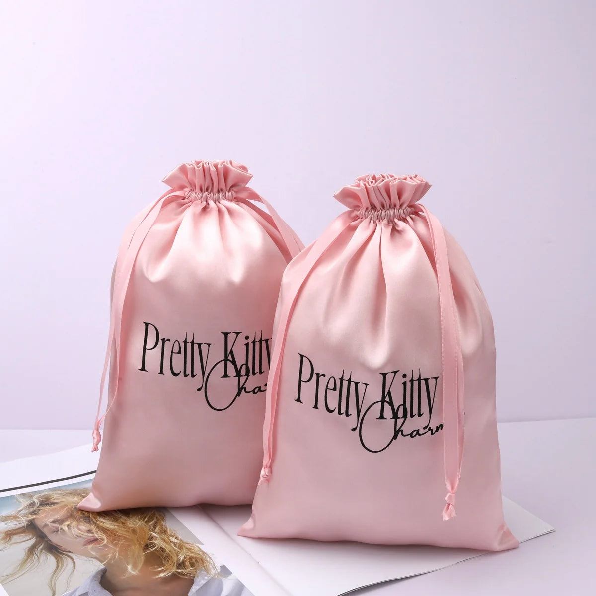 Custom Logo Printing Pink Satin Drawstring Underwear Shoe Dust Bag for Packaging Luxury Silk Satin Gift Dust Pouch