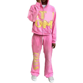 KY 100% Cotton Zipper up Hoodies Sweatpants Acid Wash Sets Distressed Applique Flared Tracksuit Zip up Hoodie Sweat Suit
