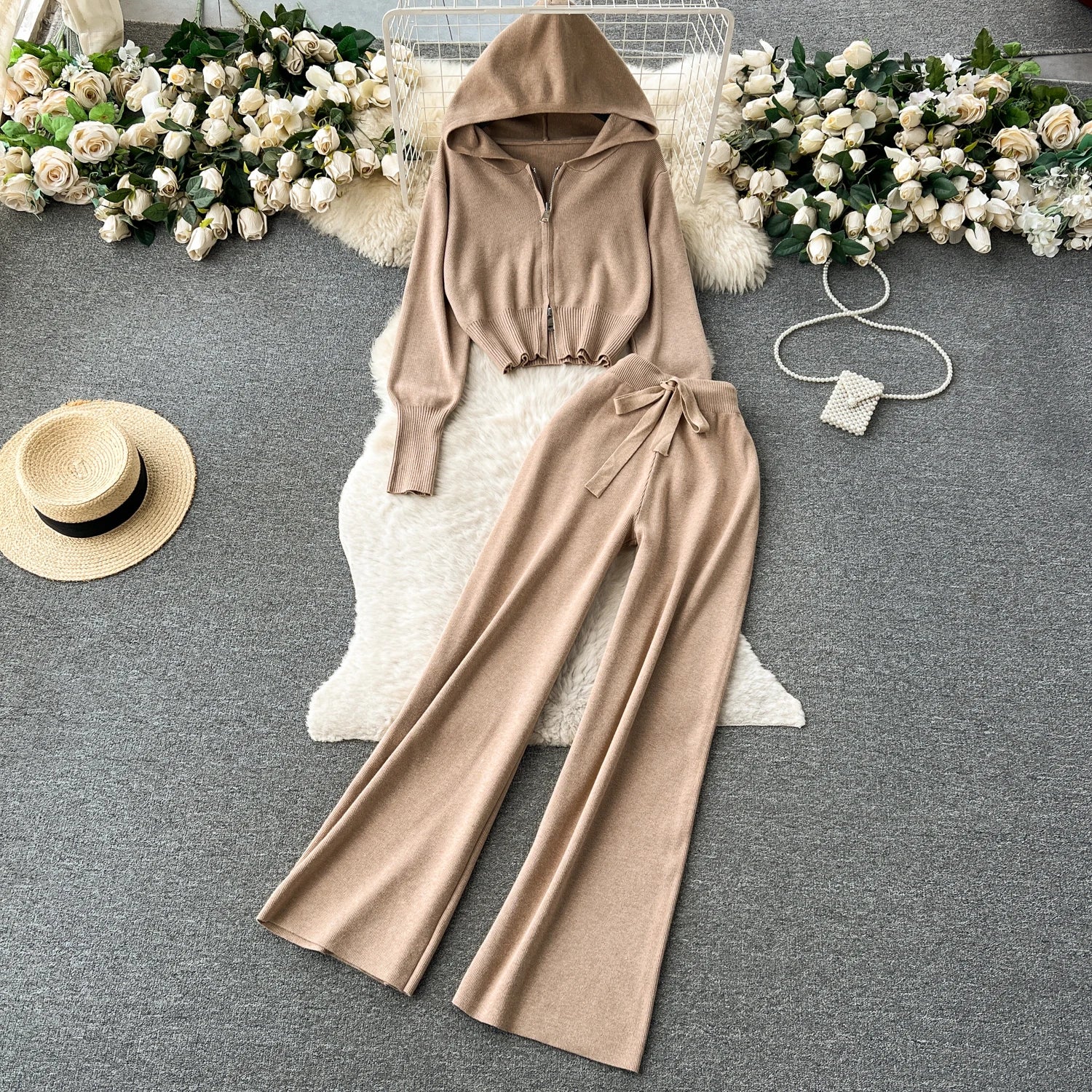 Autumn Basics Sport 2 Piece Set for Women Tunic Top and Knitted Pants Set Jogging Suits Wholesale