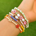 SHIXIN Creative Colorful Acrylic Seed Beads Flower Charm Bracelet for Women Girls Jewelry Imitation Pearl Bangle Gifts Wedding