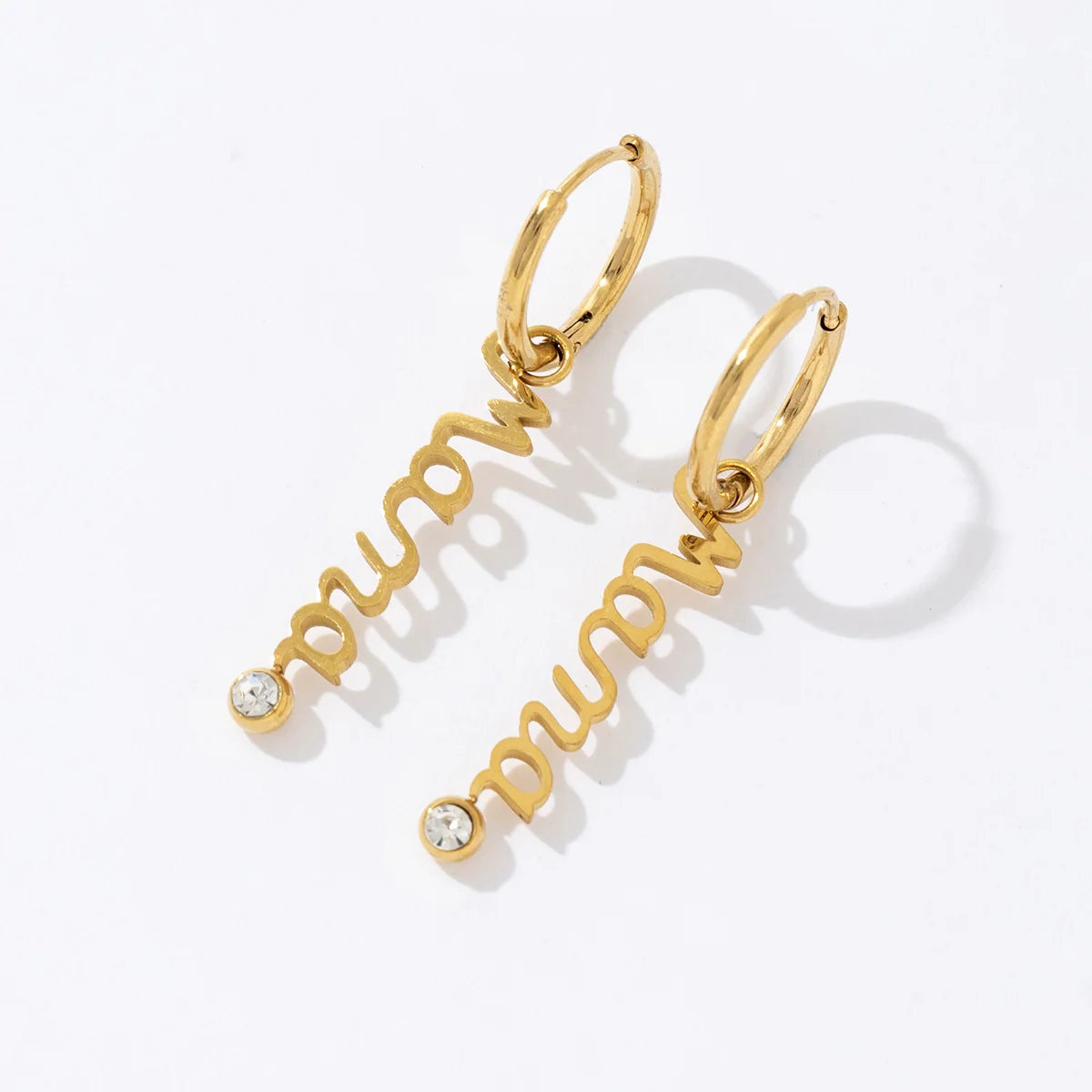 Fashion Gift Stainless Steel 18k Gold Plated Mama Words Letter Round Zircon  Earrings