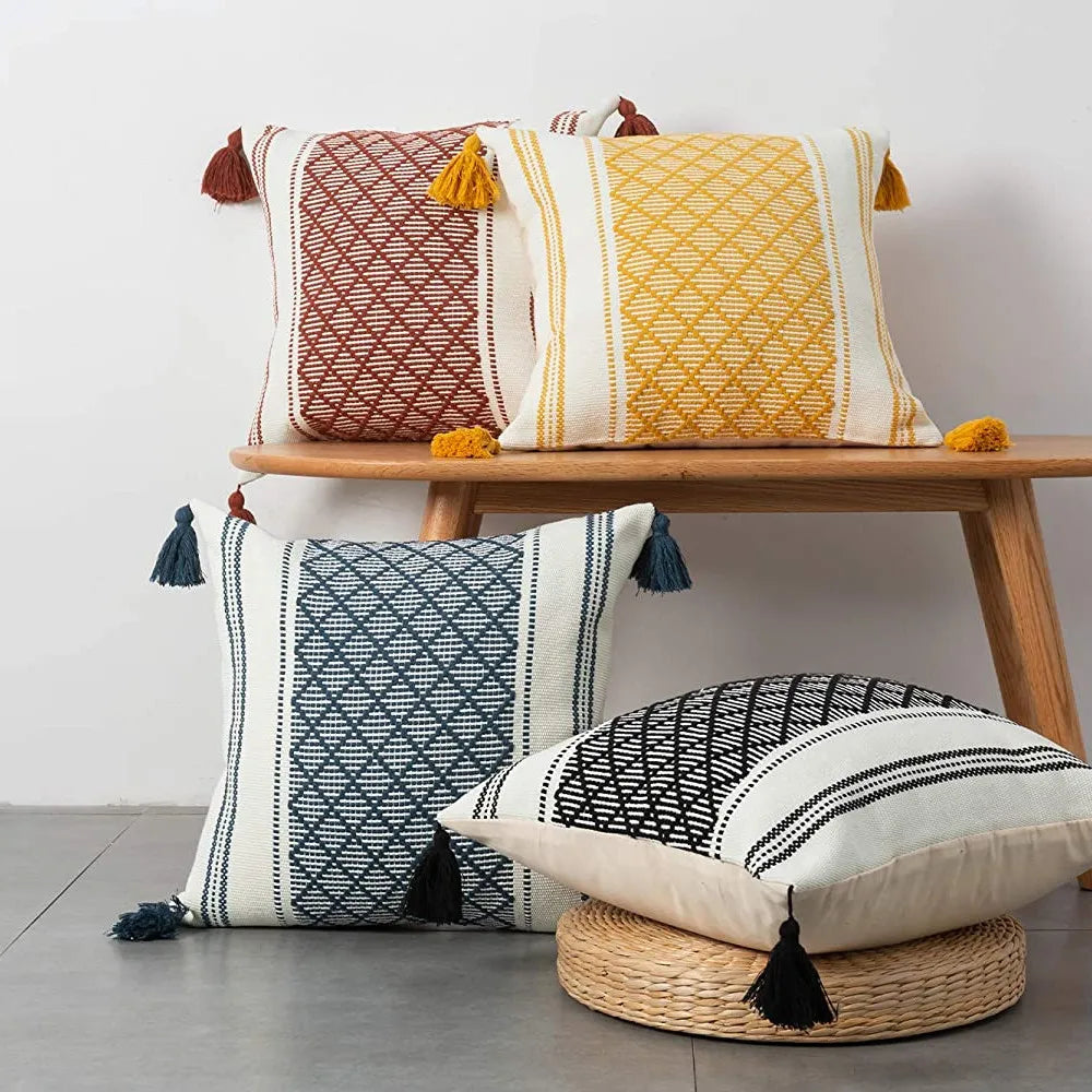 Boho Throw Pillow Covers 12X20 18x18 20X20 Cotton Jacquard Decorative Couch Pillowcases with TasselsLumbar Cushion Cover