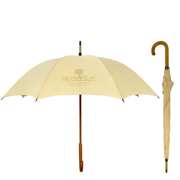Custom Umbrella with logo Printing Wooden Umbrella Designer Solid Wood Curved Handle Walking Stick Umbrella