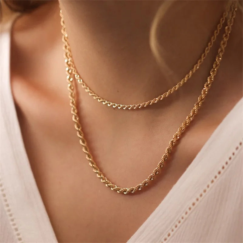Fashion Waterproof Jewelry Stainless Steel Twist Necklace 18k Gold Plated Double Layer Stackable Chain Necklaces YF2959