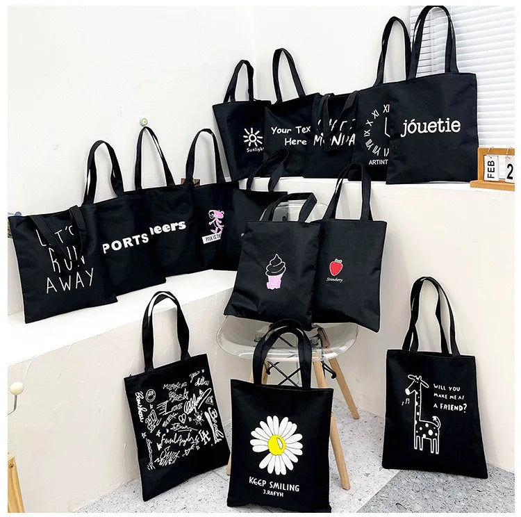 Hot Sale Korean Style Large Capacity Simple Shoulder Cute Black Cotton Canvas Tote Bag