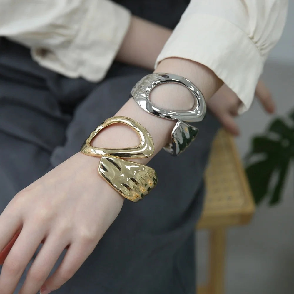 New Trendy Alloy Metal Big Geometry Asymmetric Bangle Bracelet Punk Open Cuff Exaggerated Gold Plated Women Girls Party Jewelry