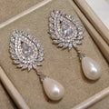 CAOSHI Elegant Silver Color Women Imitated Pearl Earrings Full Paved Bling White CZ Cubic Zircon Wedding Bridal Earrings Pendant