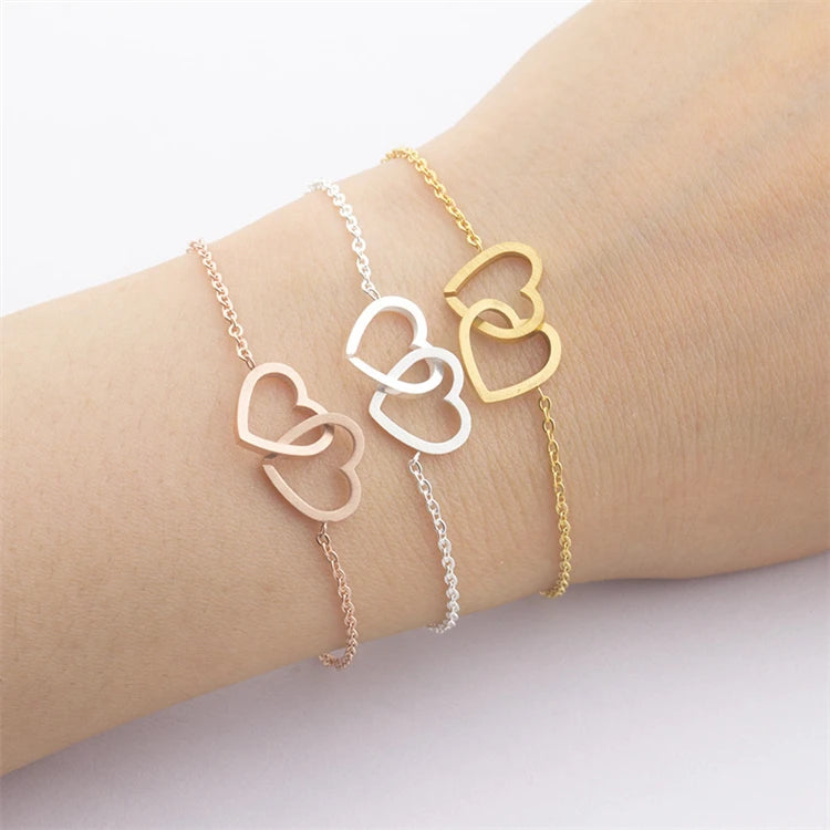 New Trendy Women's Double Heart Stainless Steel 18k Gold Plated Sterling Silver for for Lovers