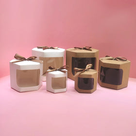7 CM Hexagon Shape Brown Kraft Paper Candy Gift Box with Clear PVC Window Fashion Style Matt Lamination Ribbon Bow Decoration