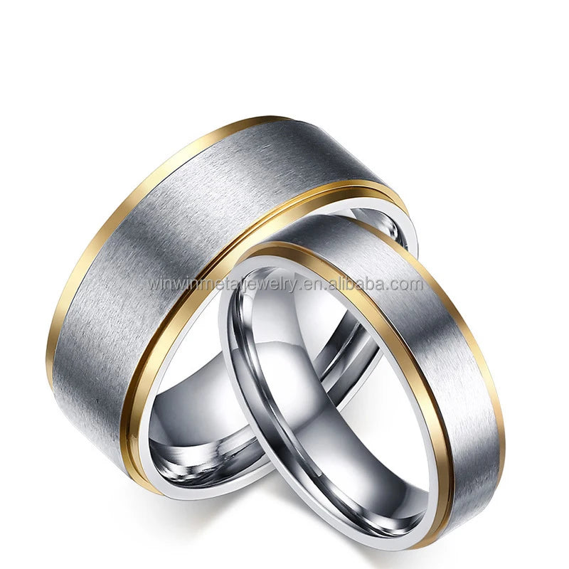 Simple 8mm/6mm Silver Gold 18K Gold Plated Step Edges Geometric Trendy Men's Stainless Steel Wedding Band Comfort Fit