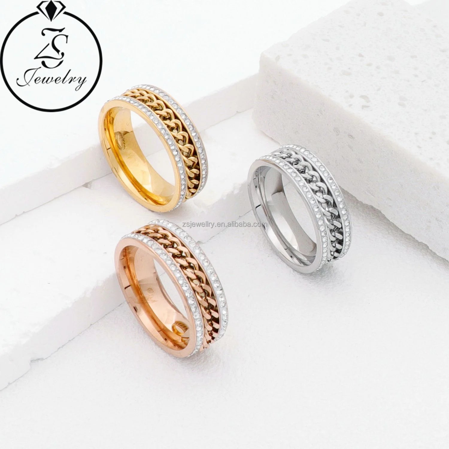 Diamond Wedding  Gold Plated Silver Stainless Steel Jewelry Love Geometric Stone Three Color Engagement Design Ring