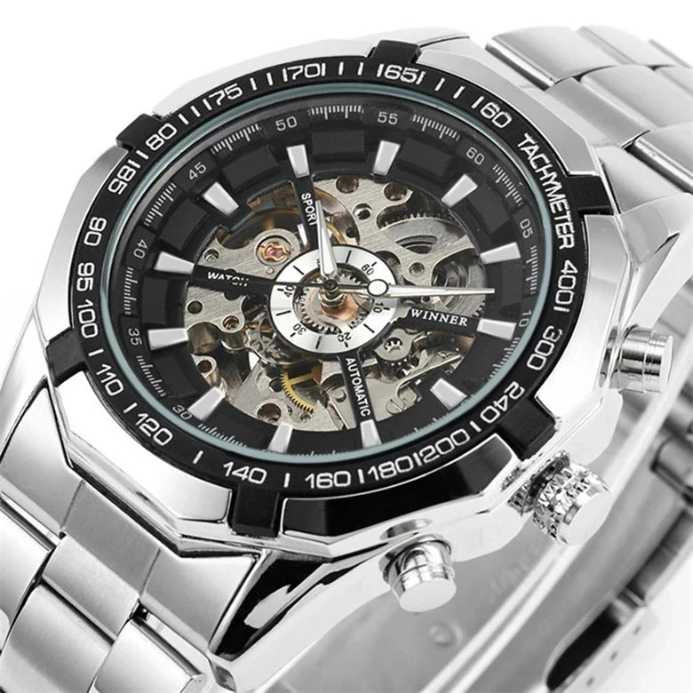 2024 Silver Stainless Steel Waterproof Mens Skeleton Tourbillon Watches Top Brand New Mechanical Male Wrist Watch for Men