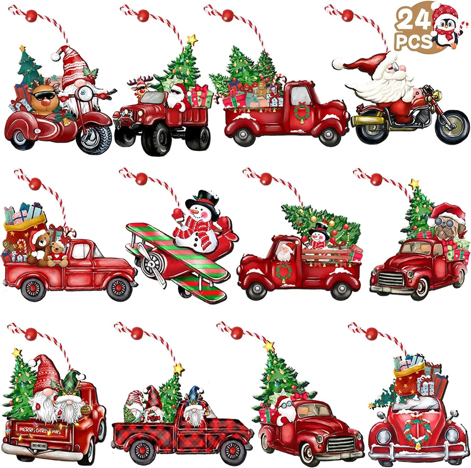 24pcs Hanging Wooden Santa Clause Snowman Rudolph Nutcracker Red Truck Shaped Christmas Ornaments for Xmas Tree Decoration