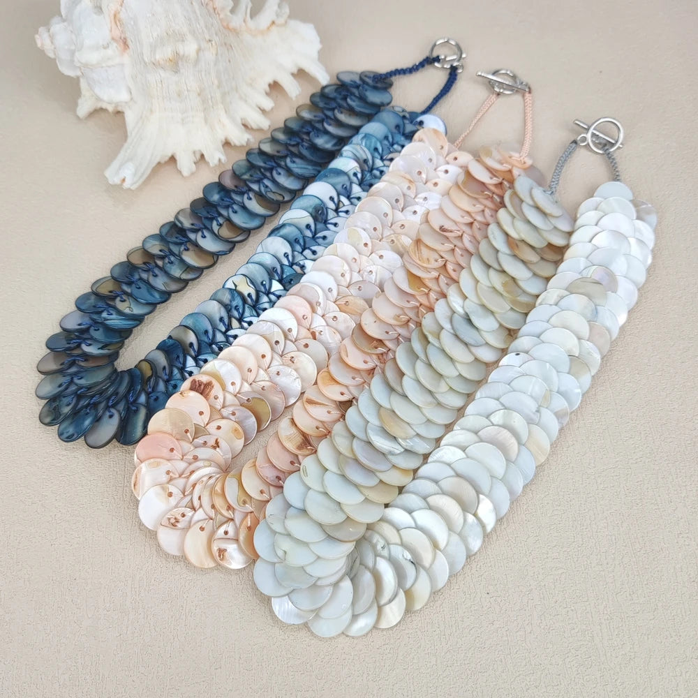Hot Selling Natural Mother of Pearl Shell Bead Braided Necklace Boho Chic Fish Scale Chunky Shell Jewelry for Gift
