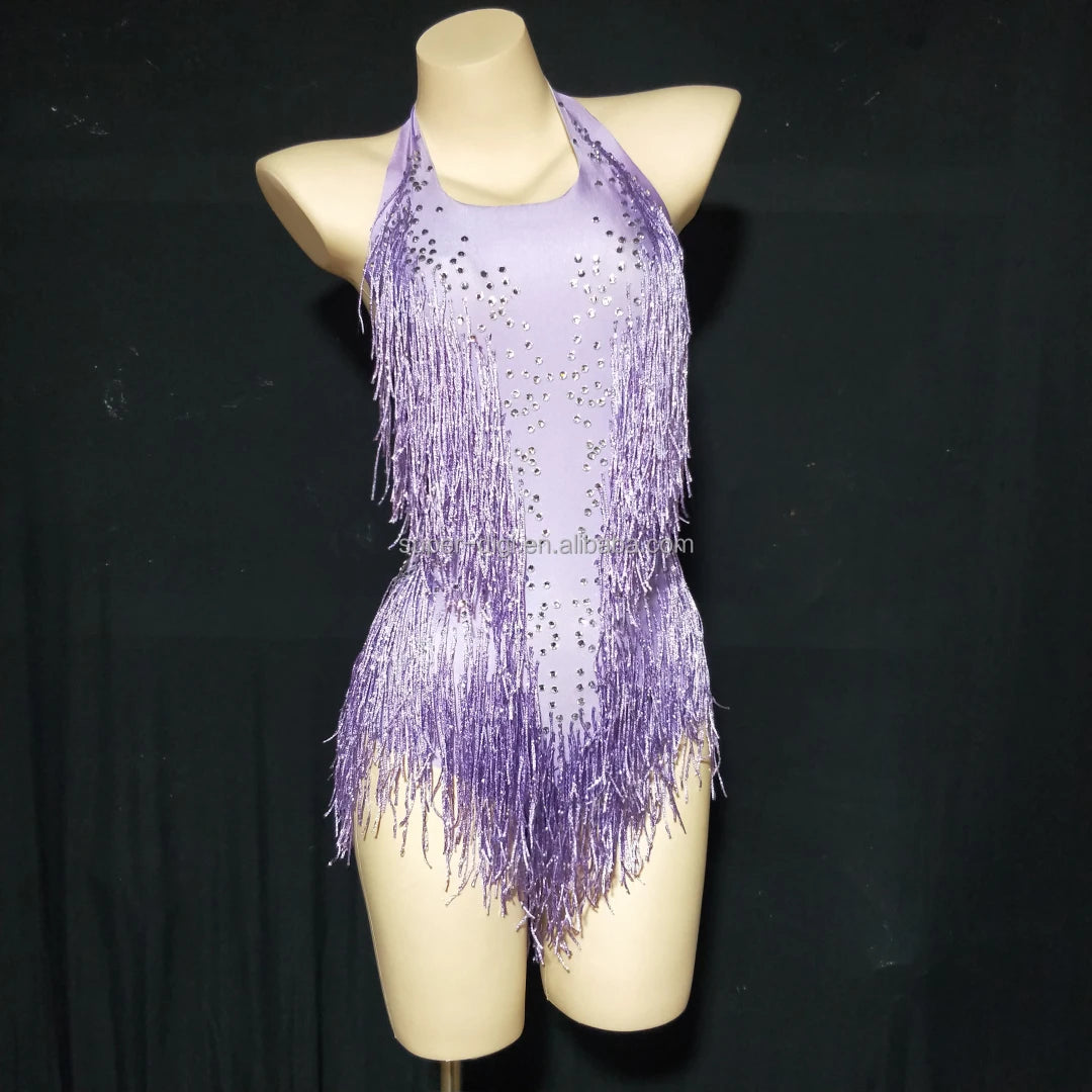 Nightclub Prom Latin Fringes Leotard Rhinestone Stretch Spandex Tassel Party Dance Stage Costume Bodysuits