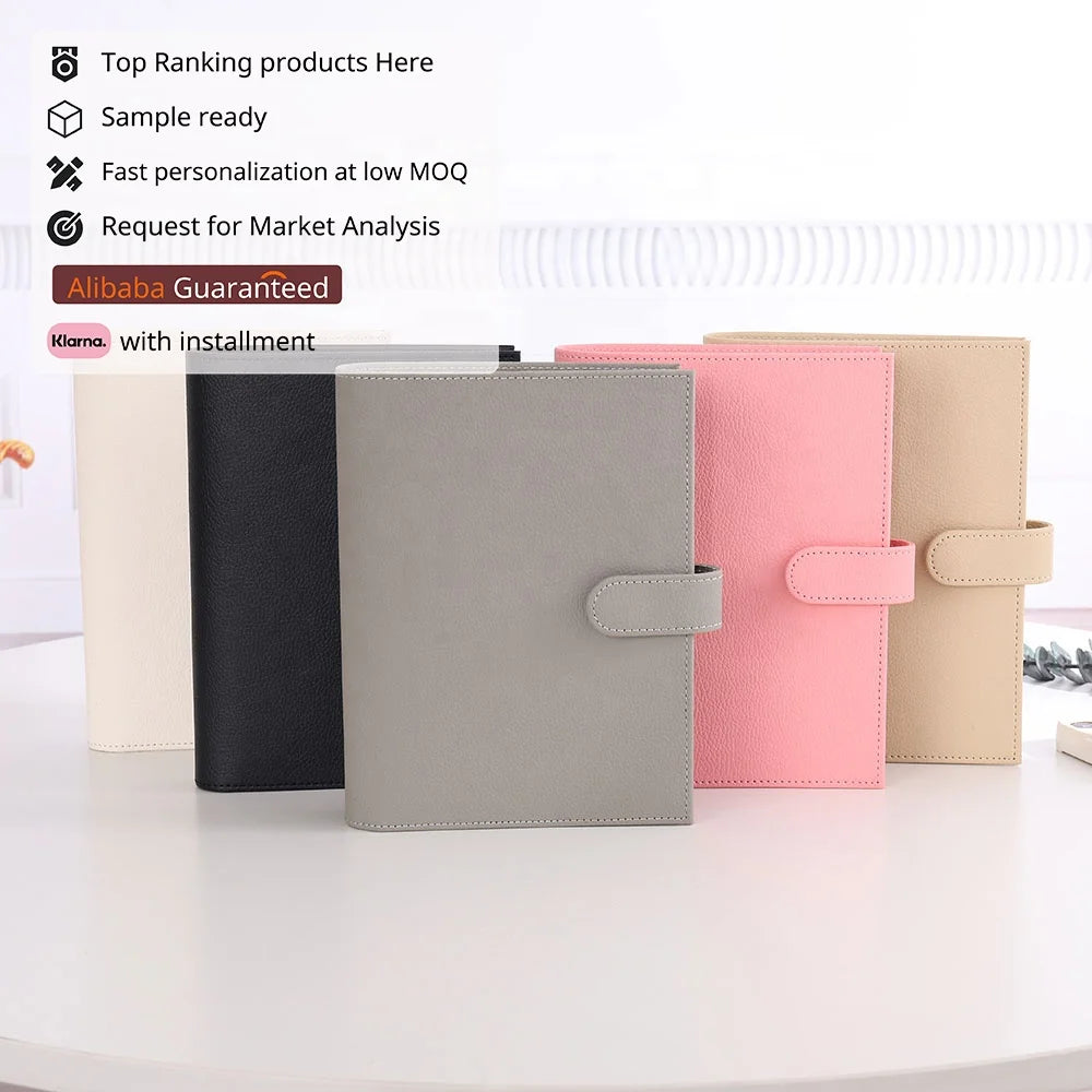 Best Seller A6 Lichi Leather Wallet Binder 6 RING Multi-Functional Expandable Black Pink Taupe Grey Ivory Loose-leaf for Gift