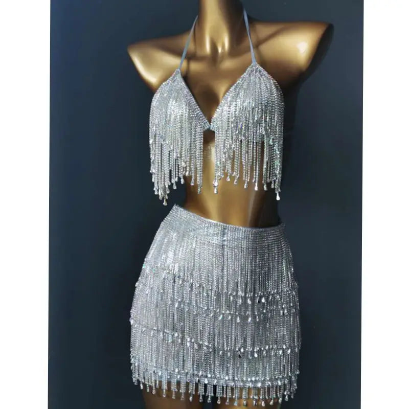 Stick-on Crystals Nightclub Dress New Evening Dress Nightclub Bikini Nightclub Uniforms New Rhinestone Tassel Brs Skirt Set