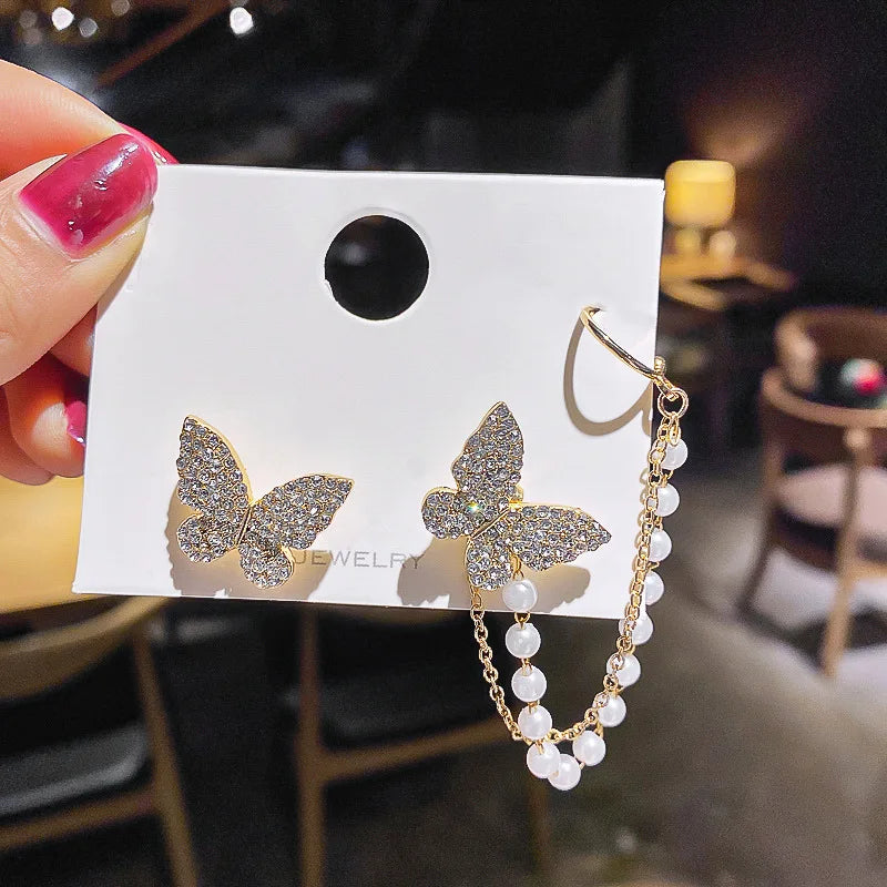 Butterfly Shaped Asymmetrical Hoop Earrings Gold Mental 925 Silver Earrings
