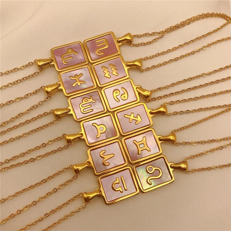 Fashion 12 Zodiac Sign Jewelry Non Tarnish Stainless Steel Square Pink Shell Horoscope Pendant Choker Necklace for Women