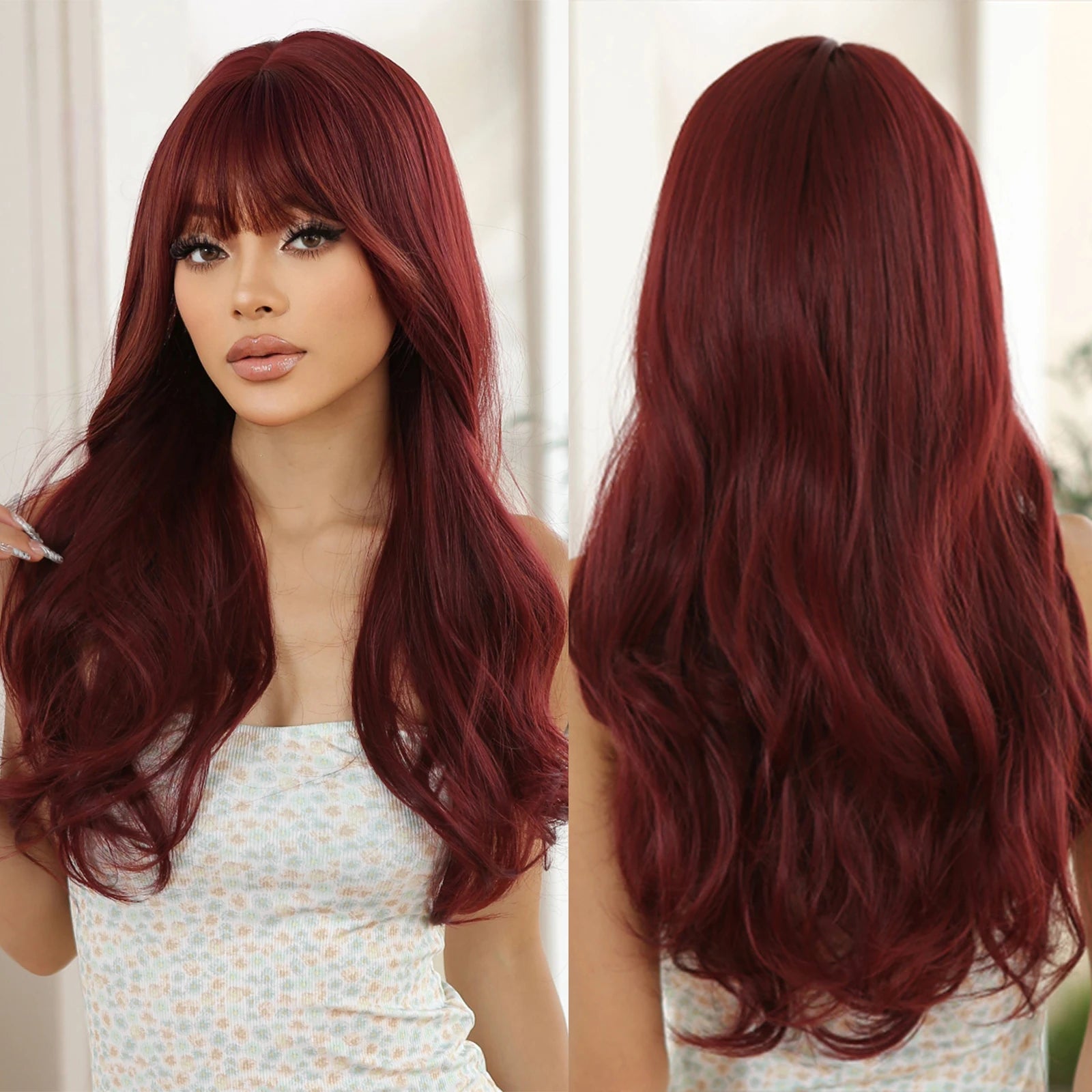 Factory Wholesale Price Long Burgundy Wavy Synthetic Heat Resistant Wigs with Bangs Wine Red Natural Wave Hair Wig for Women