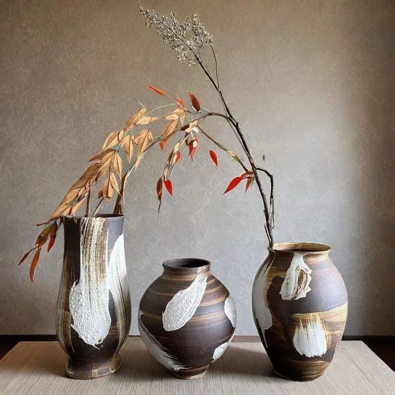 Coarse Pottery Vase Retro Style for Countertop & Hotel Flower Arrangement Dried Flower Zen Inspired