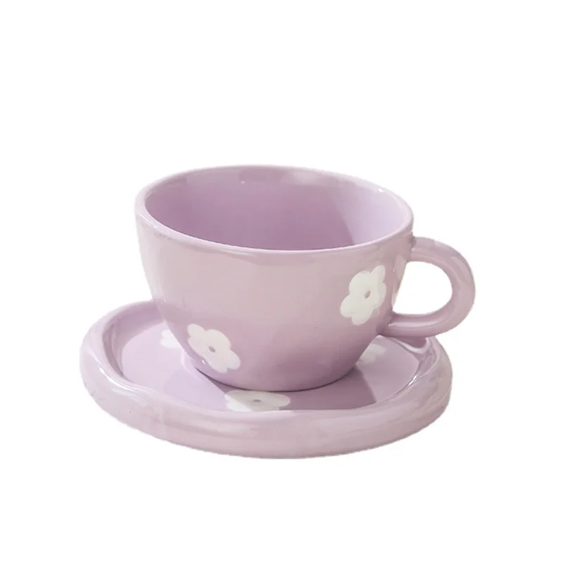 Popular Hand Painted Purple Flower Ceramic Coffee Cup Saucer Set