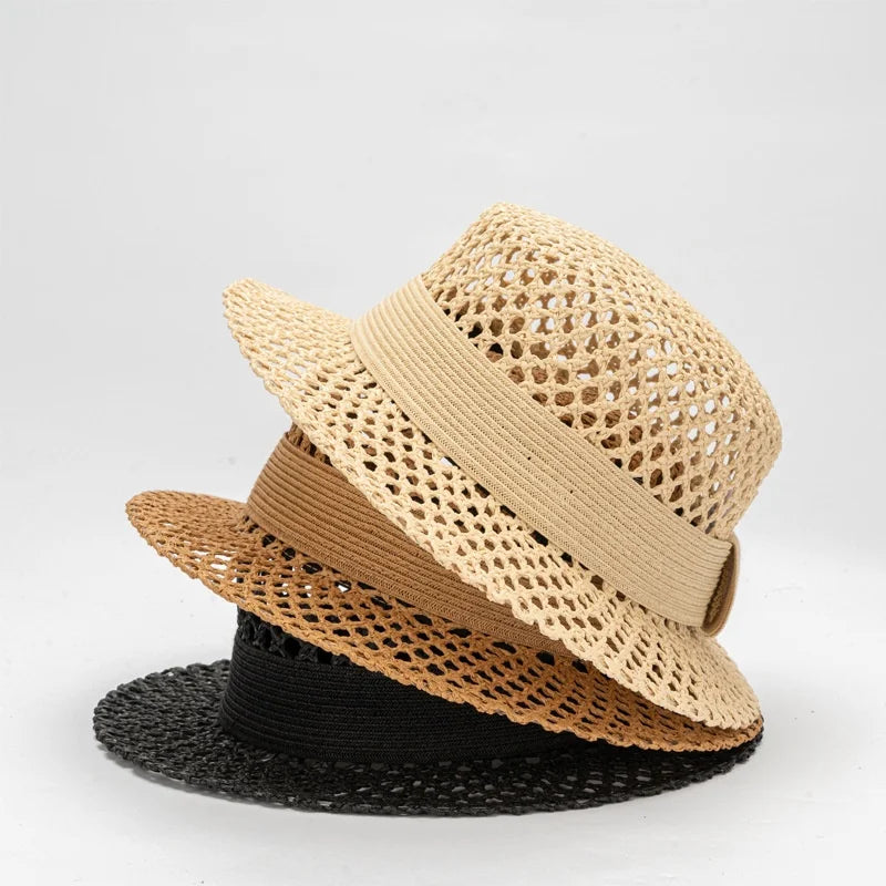 Women Summer Fashion Sunshade Hat New Hollow Out Paper Straw Flat Top Breathable Boater Hat