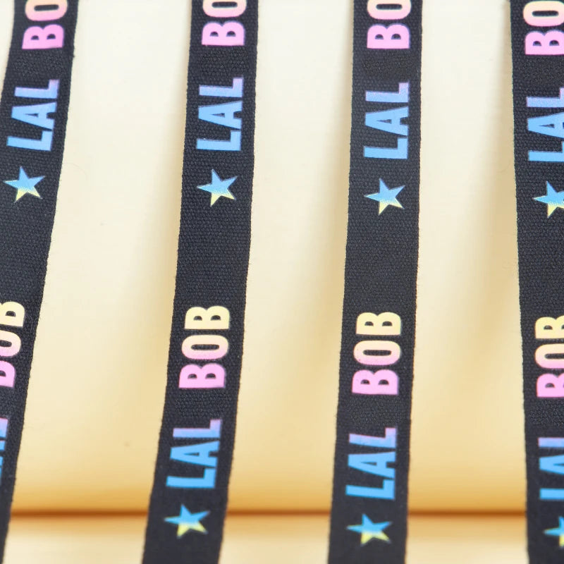 Custom Printed Gradient Logo 100% Black Cotton Ribbon with Foil Stamping Single Face Style for Fashion Garments and Hats