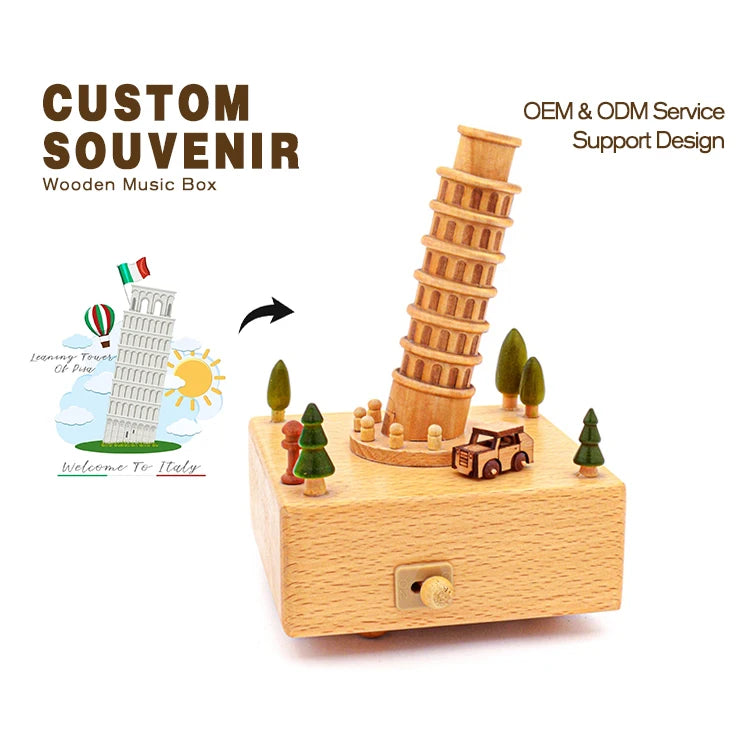 Wholesale Logo Engrave Mechanical Wooden Leaning Tower of Pisa Music Box with Moving Round Car for Souvenir Present