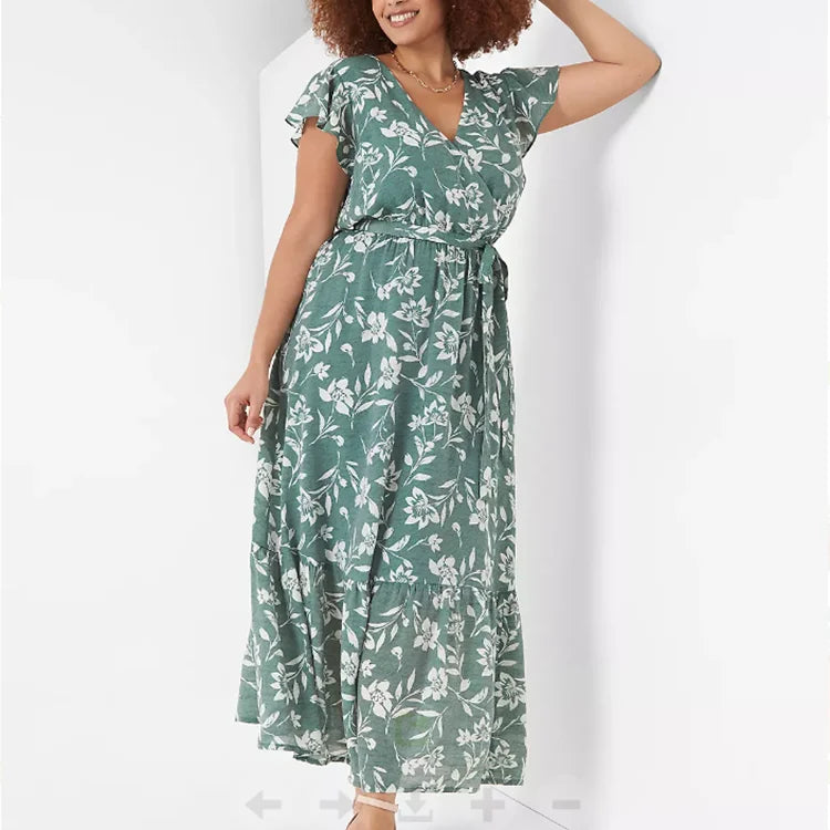 2023 Custom Color Maxi Dress for Women Flutter-Sleeve Surplice-Neck Plus Size Wholesale Hot Sale Eco-Friendly Floor-Length